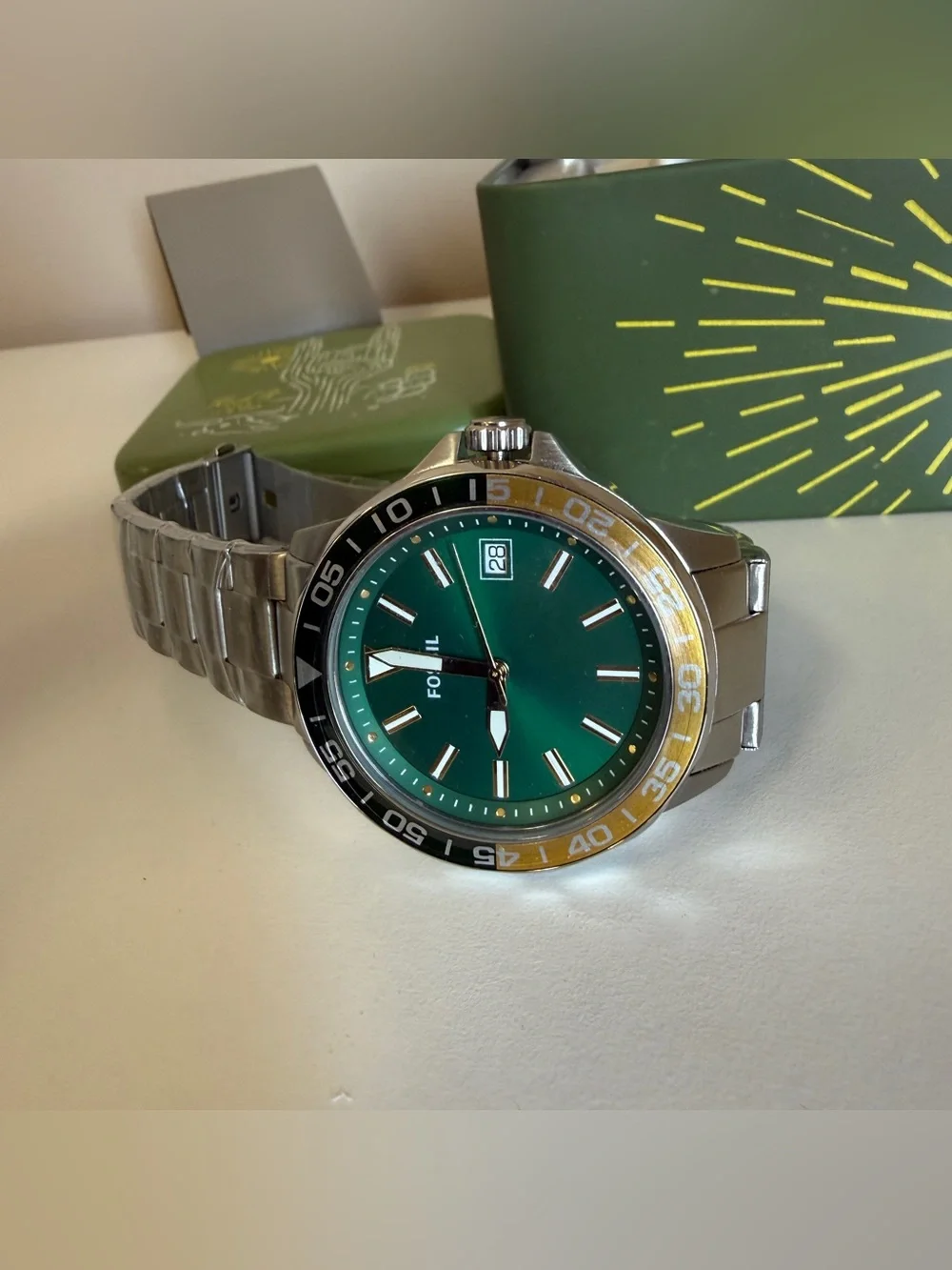 Fossil Men's Green Dial Stainless Steel Bracelet Watch with Yellow Accent BQ2506